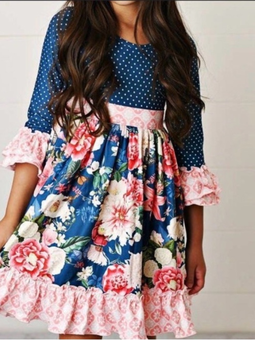 Navy Floral Ruffle Girls' Dress with Pink Trim